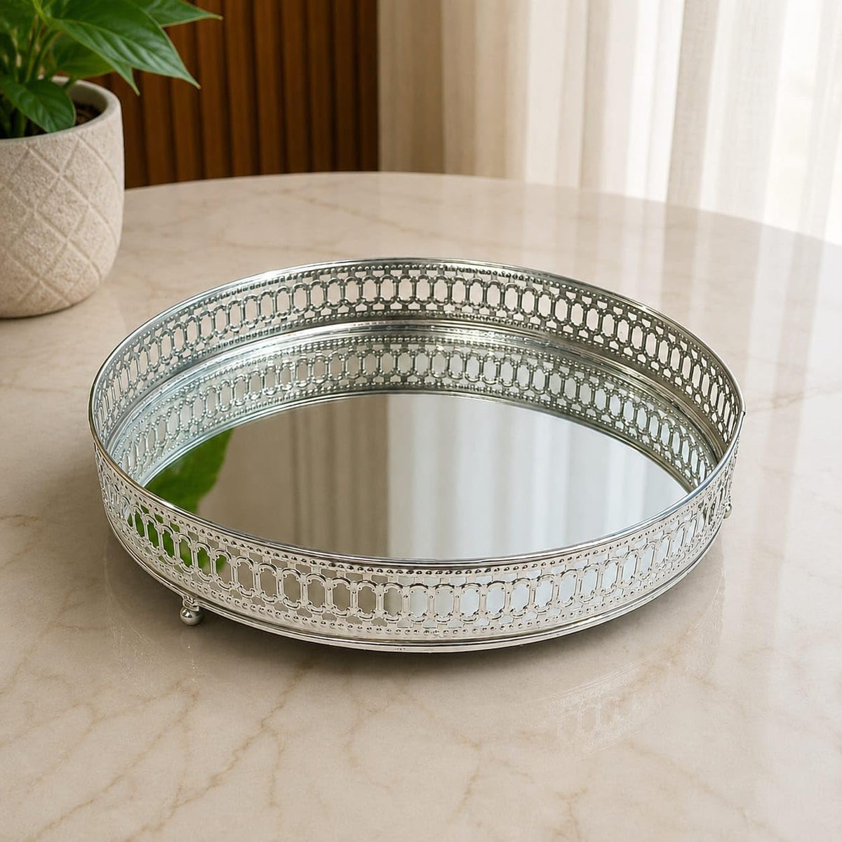 Maverics Silver Round Mirror Serving Tray 12 Inch