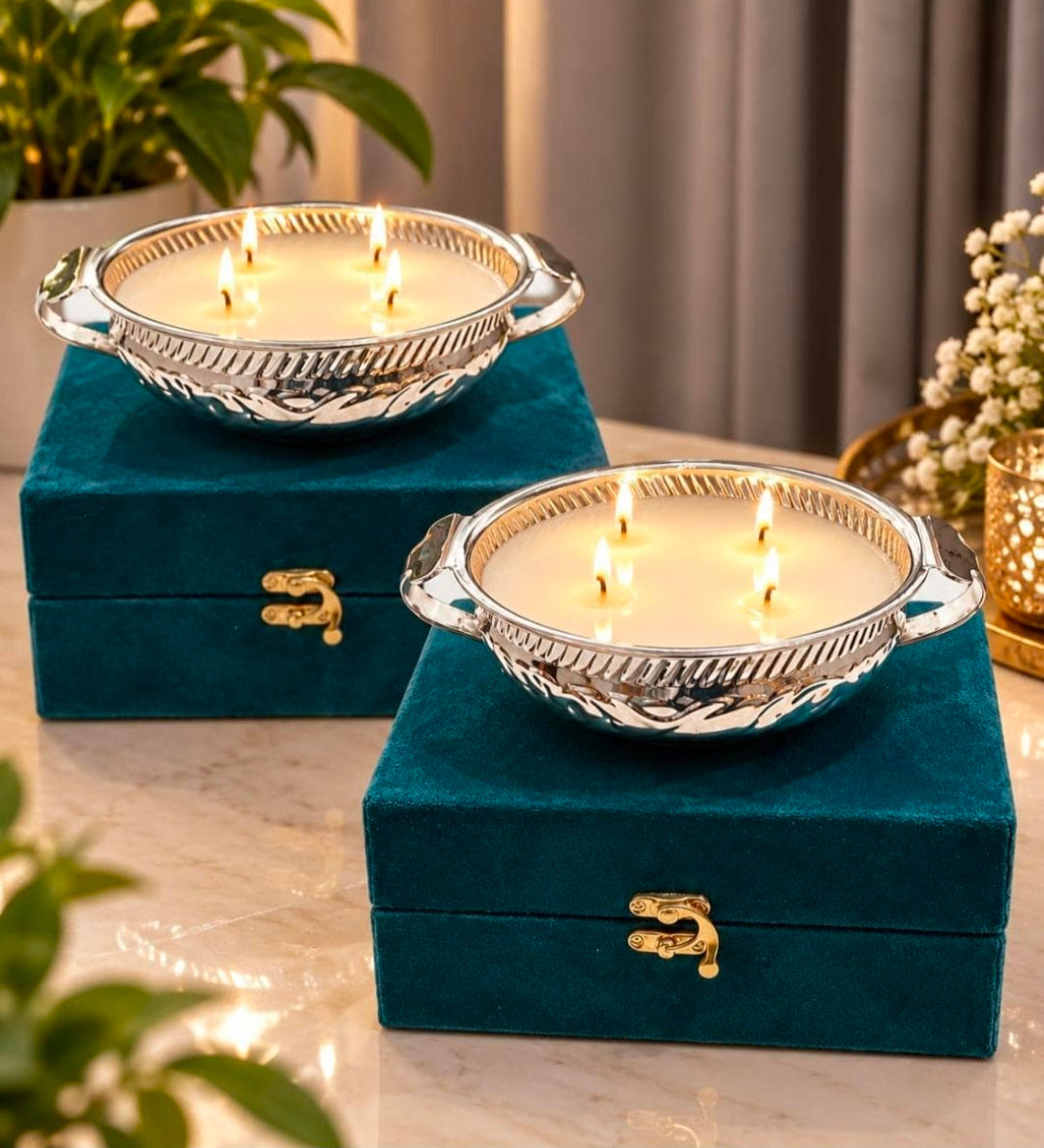 Maverics silver Urli diya set with blue velvet gift boxes
