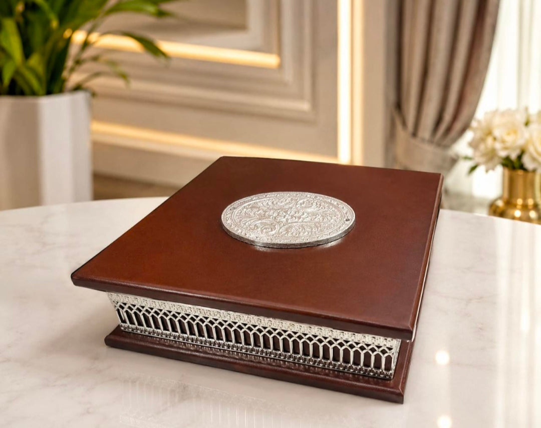 Maverics square wooden decorative box with silver embossed design, 8 inches