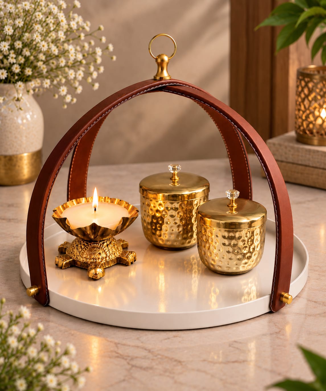Maverics white leather arch decorative gift set with gold jars and candle holder