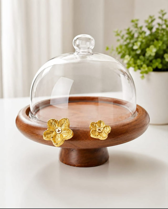 Maverics Wooden Pedestal Glass Cloche Cake Stand with Gold Floral Details