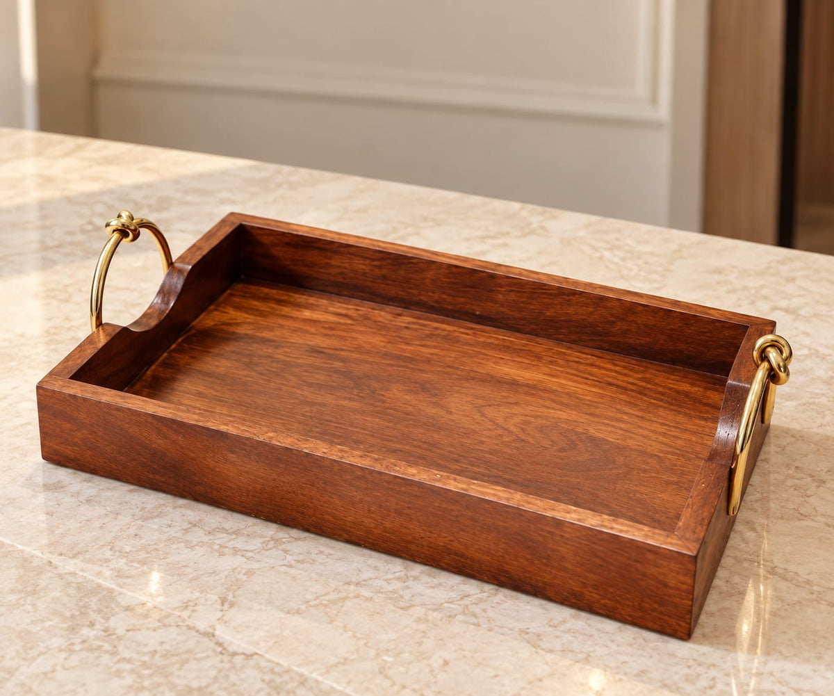 Maverics wooden serving tray with golden handles, 16 x 12 inches
