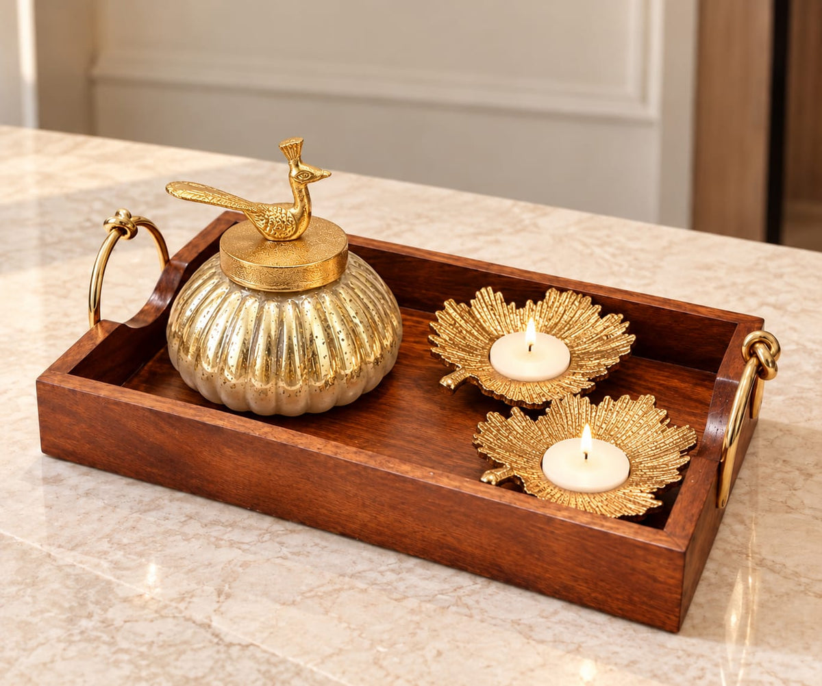Maverics wooden serving tray gift set with golden decorative jar and leaf diya holders