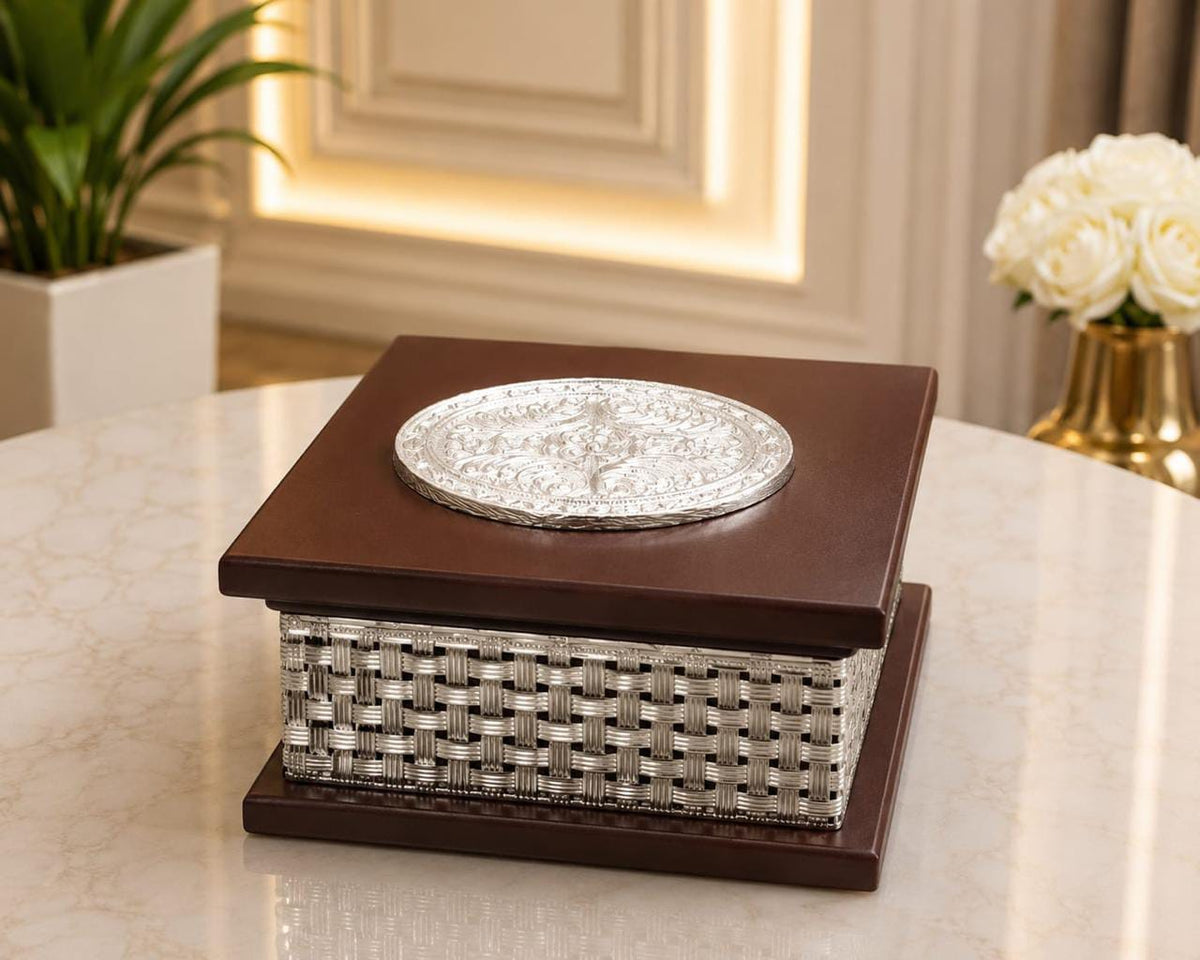 Maverics wooden storage box with silver woven design and ornate silver lid, 5 inches